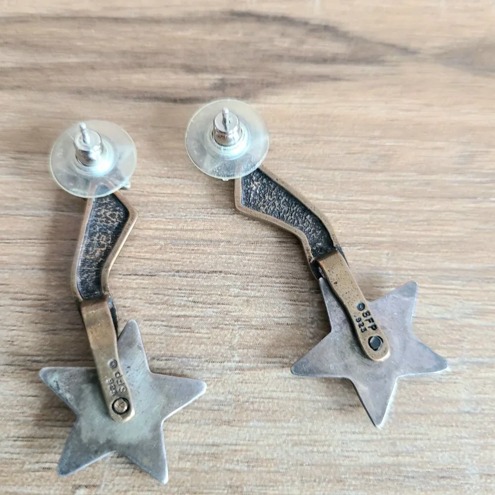 Native American SFP 925 silver and coper dangling earrings with moving elements. - Picture 4 of 5